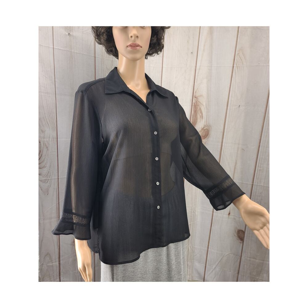 Liz Claiborne PL Semi-Sheer Crinkle Chiffon Blouse L Sleeves Lace & Ruffle Cuff
